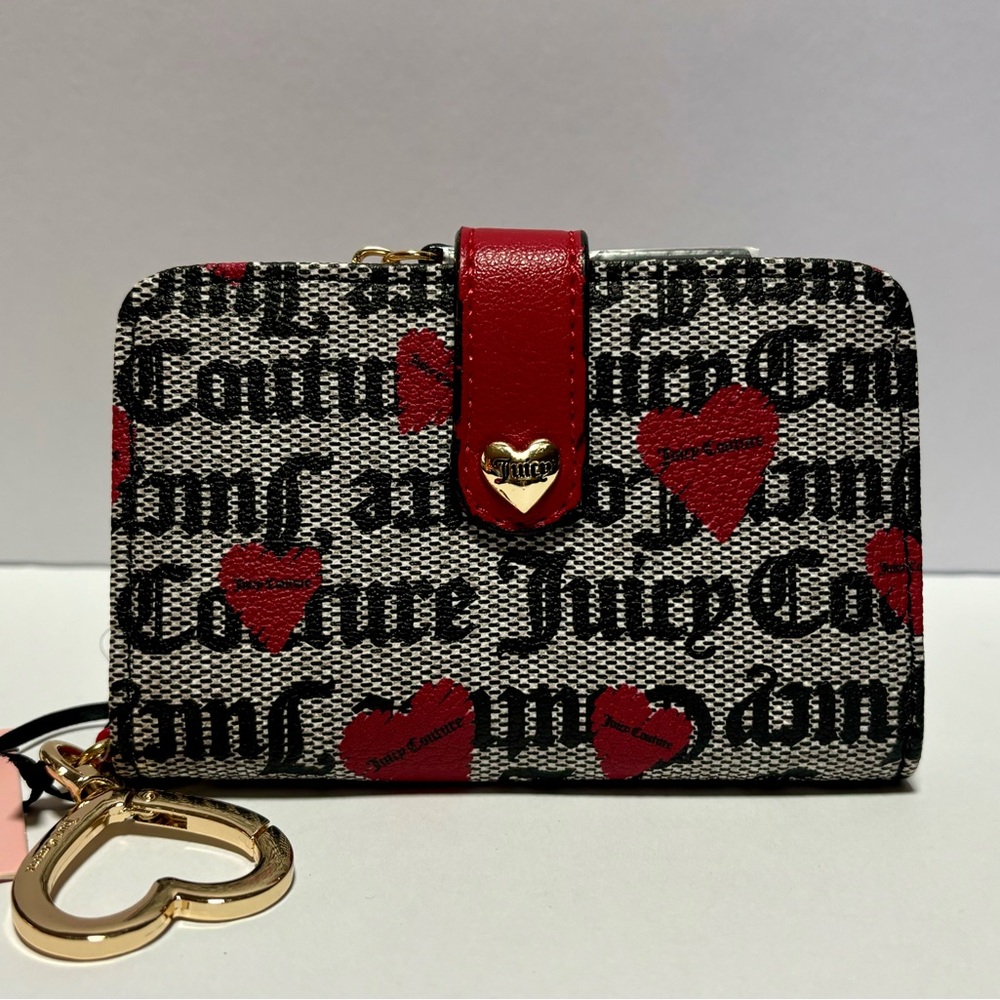 Juicy Couture Wallet Black Beige w/ Hearts Follow Your Heart Tab Card Bifold